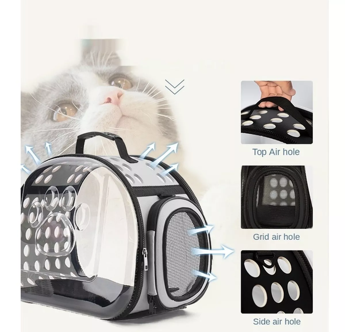 Porta Mascota Bolso Gato Perro 48x28x32cm Panorámico Gris - Imagen 2
