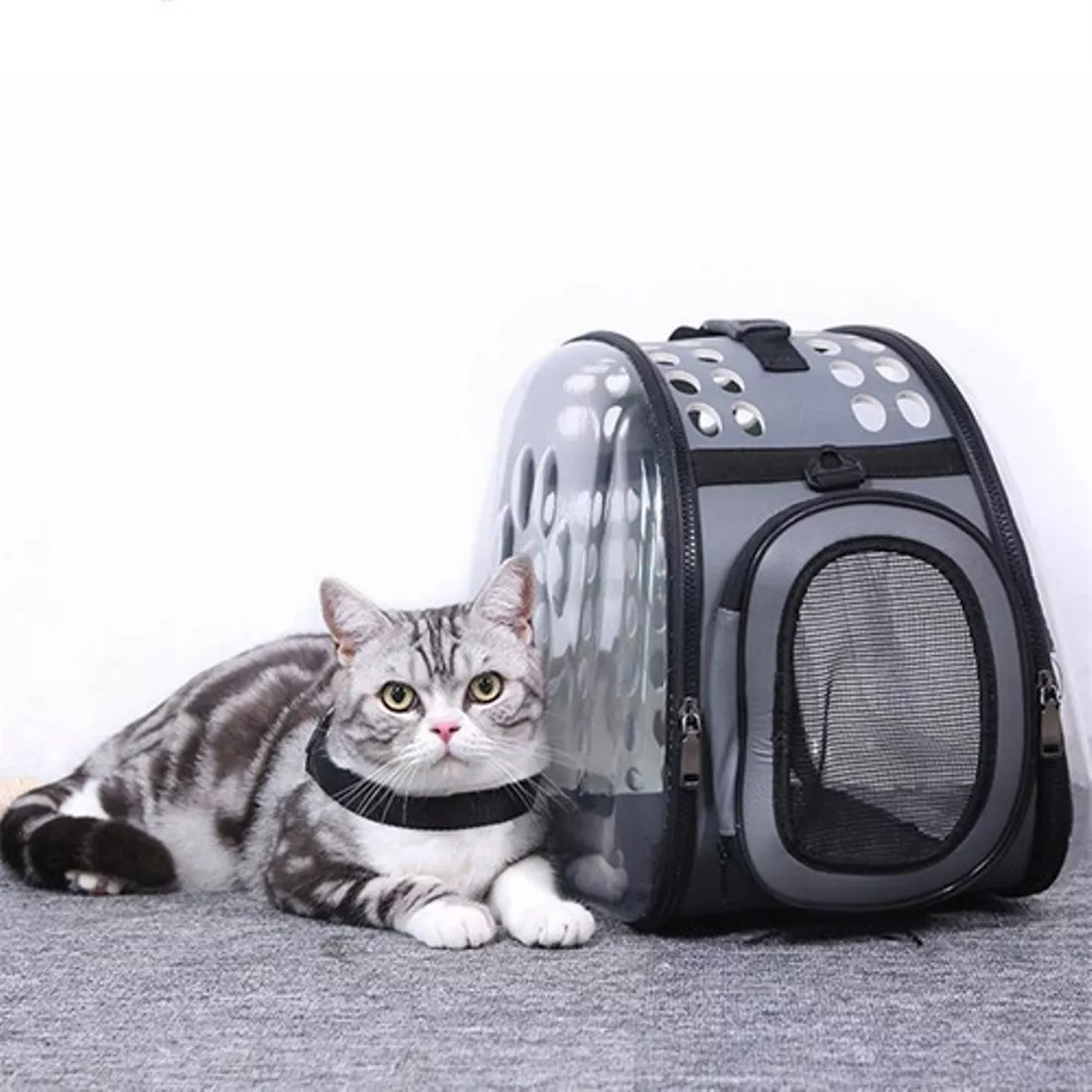 Porta Mascota Bolso Gato Perro 48x28x32cm Panorámico Gris - Imagen 7