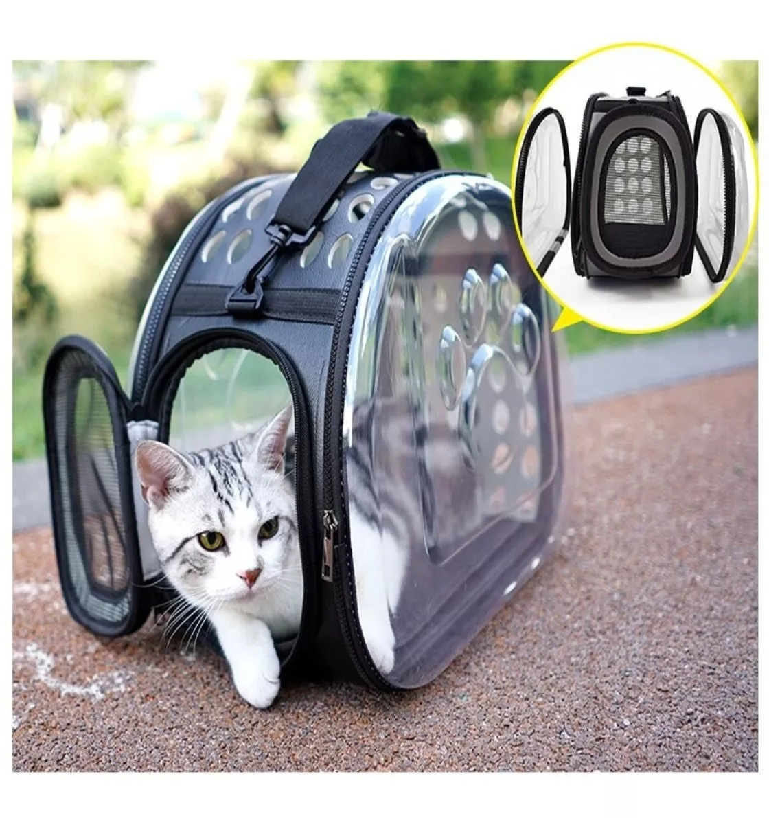 Porta Mascota Bolso Gato Perro 48x28x32cm Panorámico Gris - Imagen 8